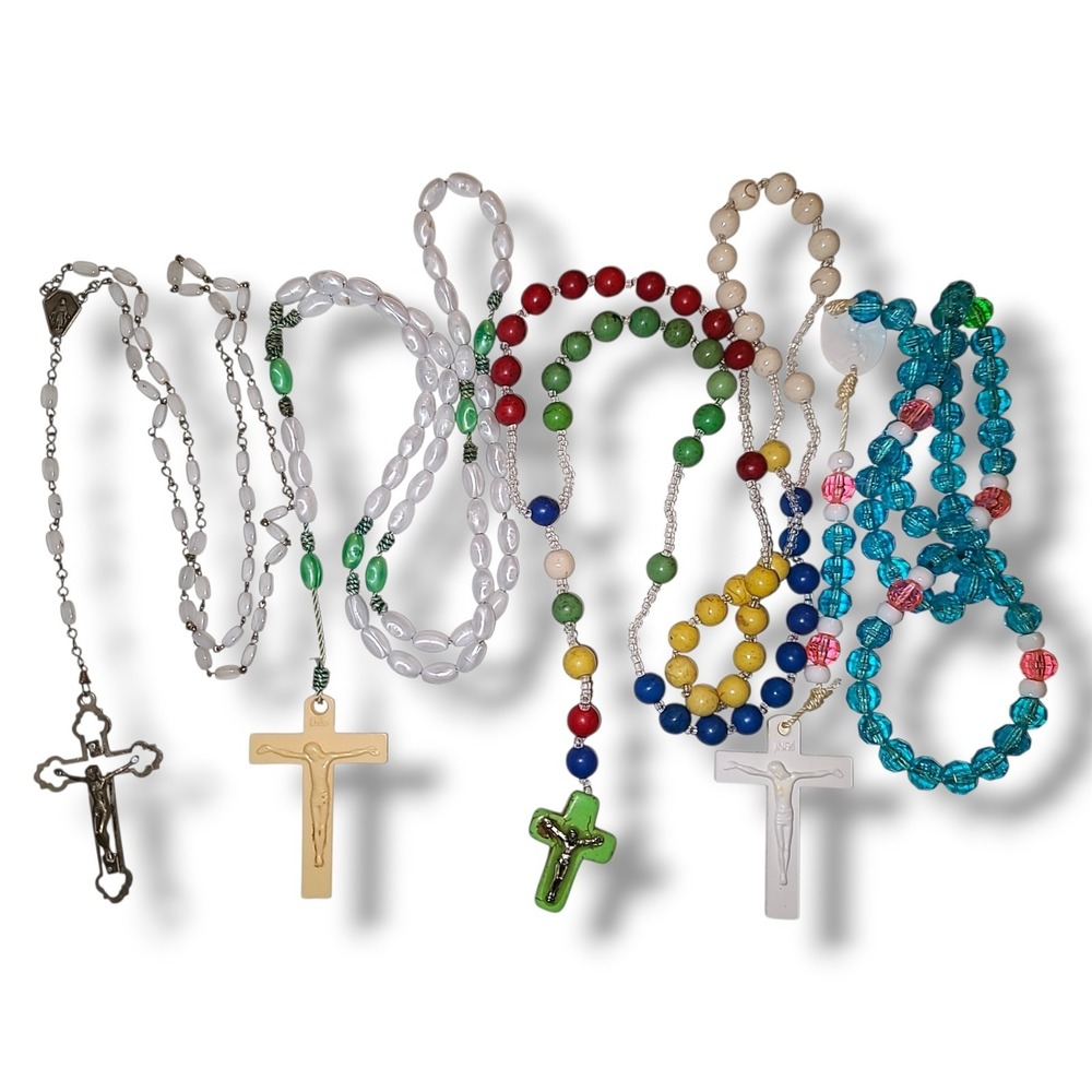 Lot 4 Vintage Catholic Rosaries Crucifix Cross‎ Plastic Bead Prayer Necklaces